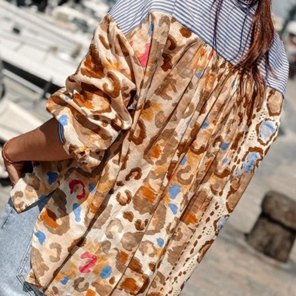 B212 Light French Beige Colorful Leopard Striped Print Patchwork V Neck Shirt - Picture 2 of 2